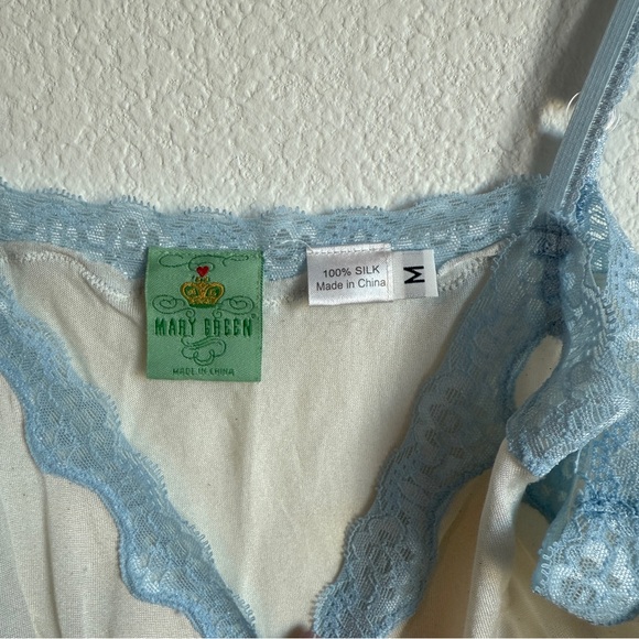 Vintage Mary Green Silk Romantic Lace Trim Cami Tank Top Blue Ivory Size Medium - Picture 6 of 6